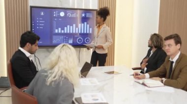 Ofisteki sunum ya da analist ekibiyle süs toplantı odasında mali verileri analiz etmek için BI Fintech 'i kullanın. İş adamları stratejik planlama için TV ekranında BI gösterge panelini analiz ediyor