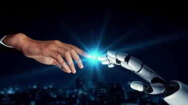 MLP Fütürist Robot Yapay Zeka, yapay zeka, yapay zeka, teknoloji geliştirme ve makine öğrenme kavramlarını aydınlatıyor. İnsan hayatının geleceği için küresel robot biyonik bilim araştırması. 3B görüntüleme grafiği.