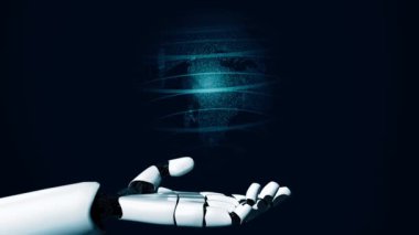 MLP Fütürist robot yapay zeka devrimci yapay zeka teknoloji geliştirme ve makine öğrenme kavramı. İnsan hayatının geleceği için küresel robot biyonik bilim araştırması. 3B görüntüleme grafiği