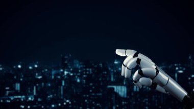 MLP Fütürist Robot Yapay Zeka, yapay zeka, yapay zeka, teknoloji geliştirme ve makine öğrenme kavramlarını aydınlatıyor. İnsan hayatının geleceği için küresel robot biyonik bilim araştırması. 3B görüntüleme grafiği.