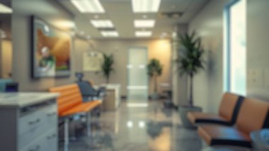 Mavi sandalyeli ve ahşap tezgahlı modern bir klinikte resepsiyon alanının bulanık arkaplanı. Modern lobi. Sağlık Tesisi iç tasarım konsepti. Poster için tasarım, duvar kağıdı. Aktar.