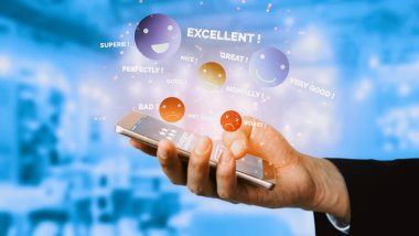 Müşteri memnuniyet değerlendirmesi anket konsepti. Kullanıcı çevrimiçi başvuruda hizmet deneyimine derecelendirme verir. Müşteri hizmet kalitesini değerlendirebilir. İş dünyasının itibarını yükseltebilir. uds