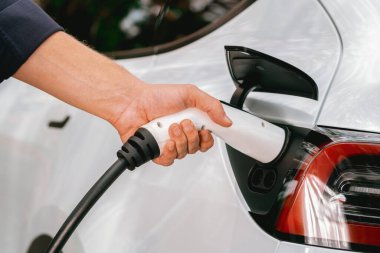 Sonbahar gezisi sırasında sonbahar ormanı arabasında elektrikli araba için şarj eden bir adam. Sonbahar tatilinde elektrikli araçla çevre dostu bir seyahat. Yükselt