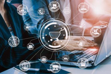 Çevrimiçi alışveriş ve İnternet Para Ödeme İşlem Teknolojisi. Modern grafik arayüzü, müşterilerin internet sitesinden ürün alıp online transferle ödeme yapacakları e-ticaret perakende mağazasını gösteriyor. uds