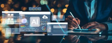 Yapay zeka mühendisliği, büyük veri ve yapay zeka makinesi kavramında yapay zeka beyin işlemcisiyle iş desteği için üretken yapay zeka kullanmayı öğrenen insan etkileşimi. EIDE