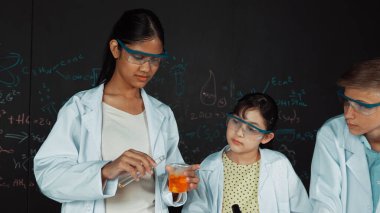 Zeki kız deney yapmak için heyecanlanan çeşitli öğrenciler iken beher kabına renkli solüsyon döker. Profesyonel bilim adamı kimyasal teoriyle kara tahtada deney yapmaya hazırlanıyor. Öğretim.