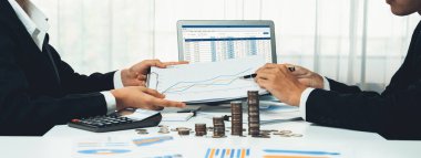 Kurumsal muhasebeci, vergi iadelerini hesaplamak ve maksimuma çıkarmak için dizüstü bilgisayar üzerinde muhasebe yazılımı kullanır ve Panorama 'daki iş yatırım yığını madeni para konseptiyle finansal performansı artırır. Kurnaz.