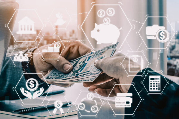 Концепция технологии финансов и денежных переводов. Графический интерфейс иконки, показывающий торговую биржу финтех, анализ статистики прибыли и услуги аналитика рынка в современном компьютерном приложении. uds