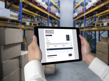 Muhasebe uygulamasından gelen fatura bilgisayar ekranında. Şirket işlerinin finans ve bütçesi için bilgisayar programı. Rahatça..