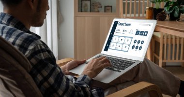 Smart home technology, centric remote control system with digital dashboard for air conditioning, safety security network or house automation. App software, ui panel programming IOT monitor snugly