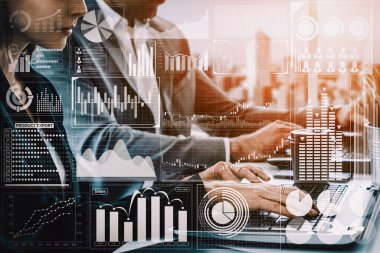 İş Mali Analitik Konsepti için Büyük Veri Teknolojisi. Modern arayüz ekranda iş satış raporları, kâr tablosu ve borsa eğilimleri analizleri hakkında muazzam bilgiler gösteriyor. uds