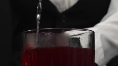 Makrografi, bir barmenin uzmanlığına dikkat edin. Siyah arka plana Rosemary Cranberry Martini dökerken. Her yakın plan çekimde canlı kırmızı bir kokteyl var. Alkolikler. Geliştirilebilir.