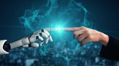 MLP Fütürist Robot Yapay Zeka, yapay zeka, yapay zeka, teknoloji geliştirme ve makine öğrenme kavramlarını aydınlatıyor. İnsan hayatının geleceği için küresel robot kuantum bilimi araştırması. 3B görüntüleme grafiği