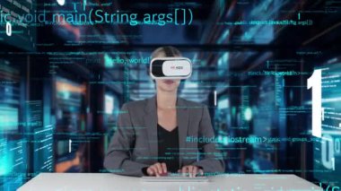 VR yenilik arayüzü dijital ağ teknolojisi görsel hologram sunucusu tarafından akıllı web sitesi geliştirme kodlayıcı veri seçimini analiz etmek için bilgisayar kodu yazan IT geliştiricisi. Kısıtlanma.