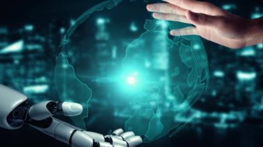 MLP Fütürist Robot Yapay Zeka, yapay zeka, yapay zeka, teknoloji geliştirme ve makine öğrenme kavramlarını aydınlatıyor. İnsan hayatının geleceği için küresel robot biyonik bilim araştırması. 3B görüntüleme grafiği.