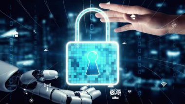 MLP Fütürist Robot Yapay Zeka, yapay zeka, yapay zeka, teknoloji geliştirme ve makine öğrenme kavramlarını aydınlatıyor. İnsan hayatının geleceği için küresel robot biyonik bilim araştırması. 3B görüntüleme grafiği.