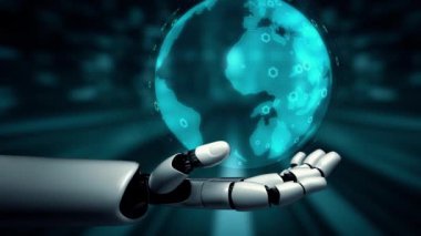 MLP Fütürist Robot Yapay Zeka, yapay zeka, yapay zeka, teknoloji geliştirme ve makine öğrenme kavramlarını aydınlatıyor. İnsan hayatının geleceği için küresel robot kuantum bilimi araştırması. 3B görüntüleme grafiği