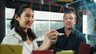 Genç kendine güvenen iş kadını projeyi uzman yatırımcıya sundu. Profesyonel proje yöneticisi başlangıç projesini açıklamak için yapışkan notlar kullanır, beyin fırtınası fikirlerini yatırımcıya paylaşır. Yönlendirici.