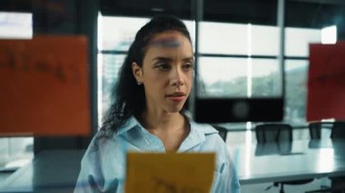 Skills 'in genç ve güzel İspanyol proje yöneticisi pazarlama fikrini düşünüyor. Ofisteki cam tahtada yapışkan notlar kullanarak iş planı yapan profesyonel bir iş kadını. Yönlendirici.