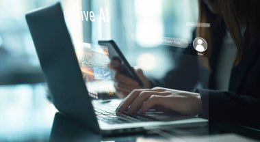 Yapay zeka mühendisliği, büyük veri ve yapay zeka makinesi kavramında yapay zeka beyin işlemcisiyle iş desteği için üretken yapay zeka kullanmayı öğrenen insan etkileşimi. EIDE