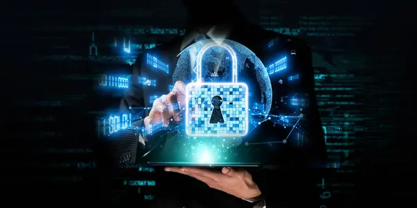 stock image Business person explore the core of cyber security. Delve into cyber protection methods, threats, and bolster cyber security stance. Essential for navigating the cyber security age FaaS