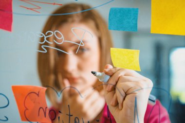 Kafkas iş dünyasının genç ve güzel liderinin kapanışı, pazarlama fikrini cam tahtaya zihin haritası ve renkli yapışkan notlarla yazarken sunuyor. Portre. Beyin fırtınası. Tertemiz..