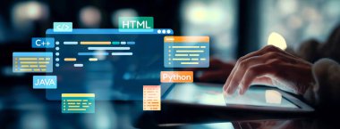 Yeni uygulama mobil telefon geliştirme için HTML, Python, Java ve C EIDE gibi çeşitli programlama dillerinin kodlama dijital örtüleri ile yazılım geliştirici veya programcı çalışması