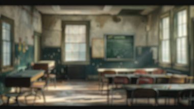 Kara tahtalı boş sınıfın iç tasarımının bulanık arkaplanı. Okulda masası, sandalyesi ve tahtası olan boş bir sınıf. İnsan yok. Çizgi film tarzı. Eğitim konsepti. Okula dönelim. Aktar.
