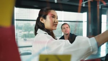 Genç kendine güvenen iş kadını projeyi uzman yatırımcıya sundu. Profesyonel proje yöneticisi başlangıç projesini açıklamak için yapışkan notlar kullanır, beyin fırtınası fikirlerini yatırımcıya paylaşır. Yönlendirici.