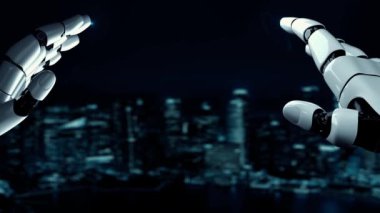 MLP Fütürist Robot Yapay Zeka, yapay zeka, yapay zeka, teknoloji geliştirme ve makine öğrenme kavramlarını aydınlatıyor. İnsan hayatının geleceği için küresel robot biyonik bilim araştırması. 3B görüntüleme grafiği.