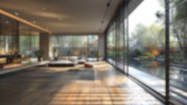 Modern ofis binasının arka planında suya bakan büyük cam pencereler var. Modern bina tasarımı. Çağdaş mimari konsepti. Poster, duvar kağıdı ve afiş için tasarım. Aktar.