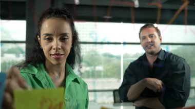 Profesyonel iş adamları yaratıcı pazarlama fikrini modern ofiste tartışırlar. İş adamları cam tahtada yapışkan notlar kullanarak finansal plan üzerinde çalışıyor. Yönlendirici.