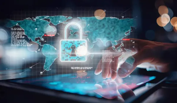 stock image Business person explore the core of cyber security. Delve into cyber protection methods, threats, and bolster cyber security stance. Essential for navigating the cyber security age EIDE