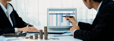 Kurumsal muhasebeci, vergi iadelerini hesaplamak ve maksimuma çıkarmak için dizüstü bilgisayar üzerinde muhasebe yazılımı kullanır ve Panorama 'daki iş yatırım yığını madeni para konseptiyle finansal performansı artırır. Kurnaz.