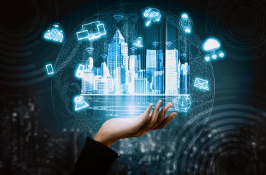 Arkaplanda modern şehir binalarına karşı IOT ve bilgi iletişim teknolojisi kavramlarını gösteren grafikli akıllı şehir kablosuz iletişim ağı. uds