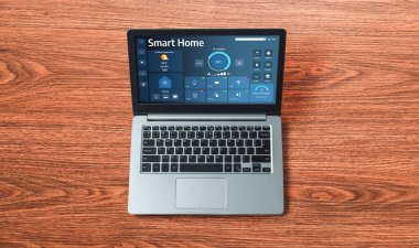 Smart home technology, centric remote control system with digital dashboard for air conditioning, safety security network or house automation. App software, ui panel programming IOT monitor snugly