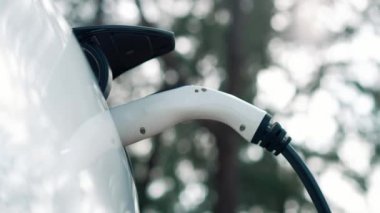 Doğal yeşil şehir parkındaki otoparkta EV elektrikli araba şarj pili. Sürdürülebilir ve çevre dostu şehir yolculuğu için yenilenebilir otomobil için alternatif temiz enerji teknolojisi. Titiz