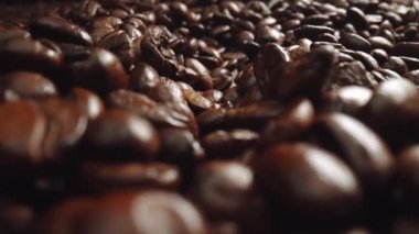 Kahverengi arkaplanlı kahve çekirdeği yığınını hareket ettiriyor. Kızarmış kahve tohumu ahşap masaya dağılır. Masaya kokulu organik kahve çekirdekleri koyun. Geliştirilebilir.