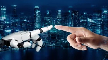 MLP Fütürist robot yapay zeka devrimci yapay zeka teknoloji geliştirme ve makine öğrenme kavramı. İnsan hayatının geleceği için küresel robot biyonik bilim araştırması. 3B görüntüleme grafiği