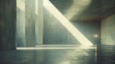 Beton mimari binanın arka planında güneş ışınları parlıyor. Çatı penceresi olan boş beton oda. Endüstriyel mimari ve minimalist tasarım. Poster için tasarım, duvar kağıdı. Aktar.