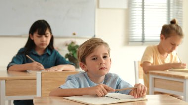 Kafkas çocuk karatahtaya bakarken çeşitli yetenekli öğrenciler okulda öğreniyor ve not alıyor. Çocuklar test yaparken karatahtanın önünde günlük kıyafetlerle oturan zeki çocuk. Pedagoji.