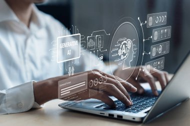 Yapay zeka mühendisliği, büyük veri ve yapay zeka makinesi kavramında yapay zeka beyin işlemcisiyle iş desteği için üretken yapay zeka kullanmayı öğrenen insan etkileşimi. Faas