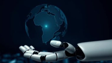 MLP Fütürist Robot Yapay Zeka, yapay zeka, yapay zeka, teknoloji geliştirme ve makine öğrenme kavramlarını aydınlatıyor. İnsan hayatının geleceği için küresel robot biyonik bilim araştırması. 3B görüntüleme grafiği.