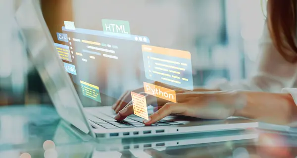 stock image Software developer or programmer work with coding digital overlays of various programming languages like HTML, Python, Java, and C EIDE for new application mobile phone development