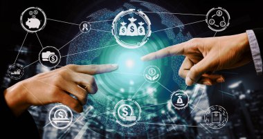 Finans ve Para İşlem Teknolojisi Konsepti. Modern bilgisayar uygulamasında fintech ticaret alışverişini, kar istatistik analizini ve piyasa analisti hizmetini gösteren simgesel grafik arayüzü. uds