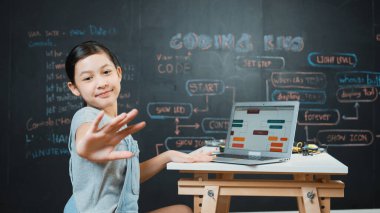 Mutlu Asyalı öğrenci mühendislik kodları ya da kameraya el sallarken masadaki ekipmanlarla birlikte. Kara tahtada dizüstü bilgisayar kullanarak çalışan tatlı bir kız. Yaratıcı eğitim konsepti. Öğretim.