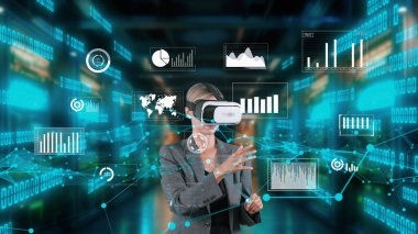 İş kadını kayıyor ve daire finans veri dünyası şekil monitörünü VR gözlükleri ile gösteriyor küresel pazar arayüzü dijital bilgi ağı teknolojisi görsel hologram animasyonu. Kısıtlanma.