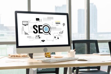 Model e-ticaret için SEO arama motoru optimizasyonu ve bilgisayar ekranında gösterilen çevrimiçi perakende işi