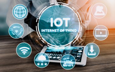 Şeyler ve İletişim Teknolojisi Konsepti İnternet - Ev ve iş kullanımı için uygulama yazılımında akıllı bilgi ve dijital yaşam tarzı gösteren modern grafik arayüzü. uds