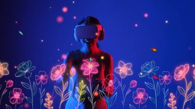 Meta bahçe dünyasında VR giyen bir kadın metatik sihirli dünya fantazisi neon mavi yaratıcılık konseptiyle uçan kelebek ve çiçeklerle Harikalar Diyarı 'na transfer oluyor. Halüsinasyon.